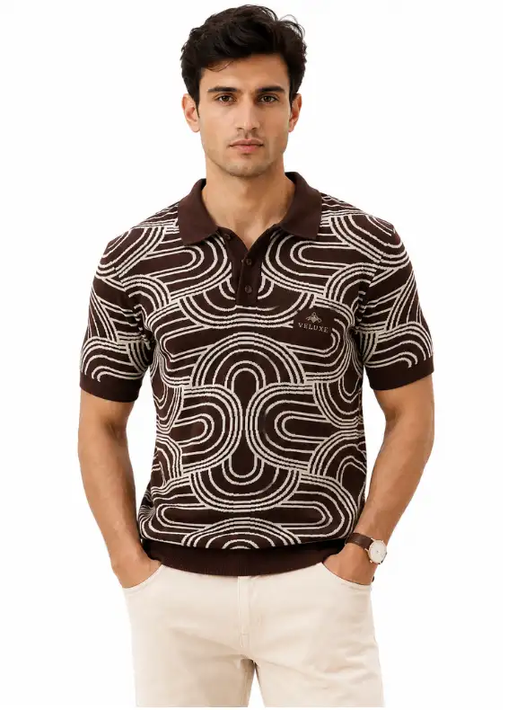VELUXE Jacquard Texture Polo Shirt – Slim Fit in Brown