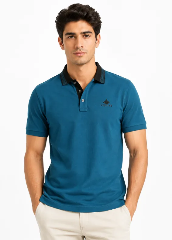 Teal Jacquard Edge Polo – Men's Slim Fit Cotton Polo
