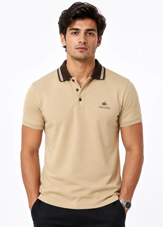 Khaki Jacquard Contrast Polo – Men's Slim Fit Cotton Polo