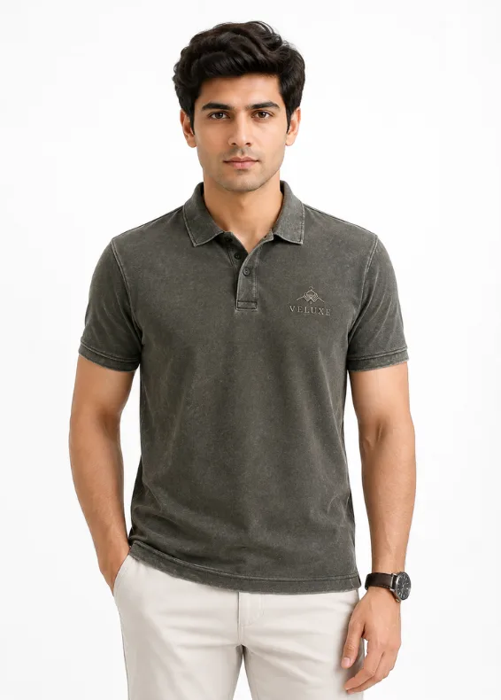 Olive Washed Cut & Sew Men's Slim Fit Cotton Polo