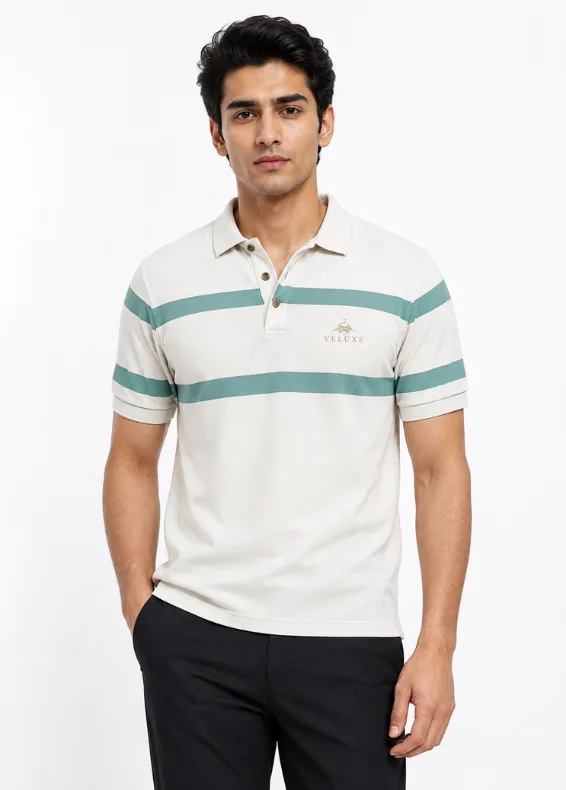Ivory Knit Stripe Men's Cotton Polo