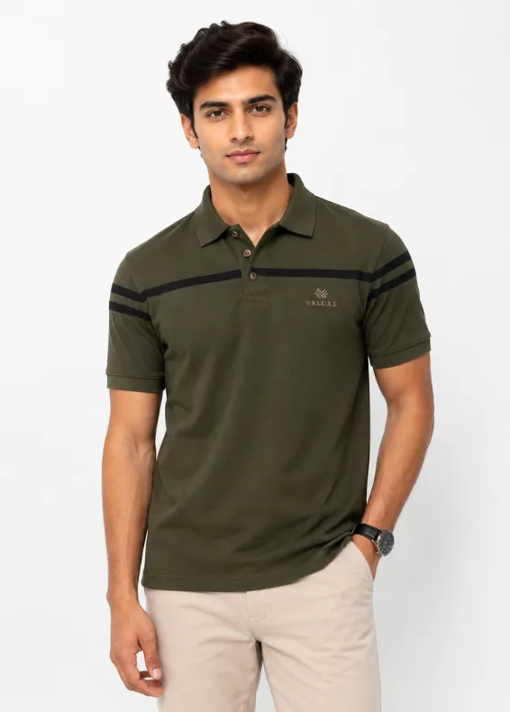 Olive Placement Men's Slim Fit Cotton Polo