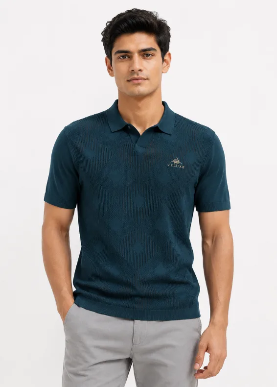 Teal Textured Knit Polo – Men's Slim Fit Polo