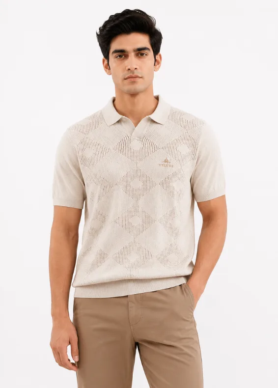 Ecru Textured Polo – Men's Slim Fit Cotton Polo