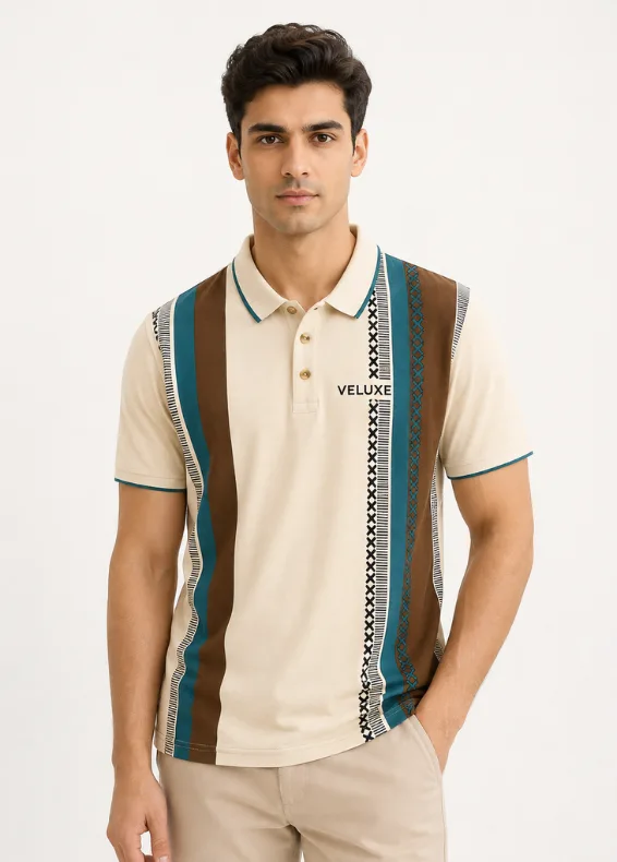 Cross-Stitch Striped Slim Fit Shirt – Men’s Beige Cotton Shirt