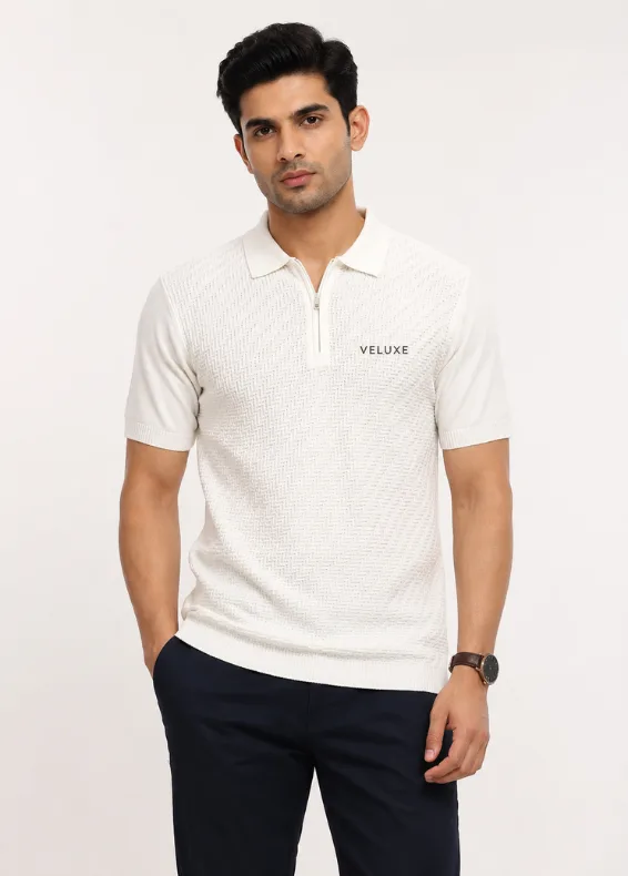 Textured White Zip Men’s Slim Fit Casual Polo