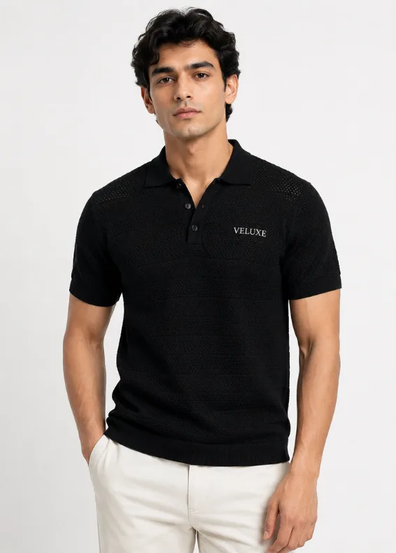 Textured Knit Slim Fit Black Polo Shirt