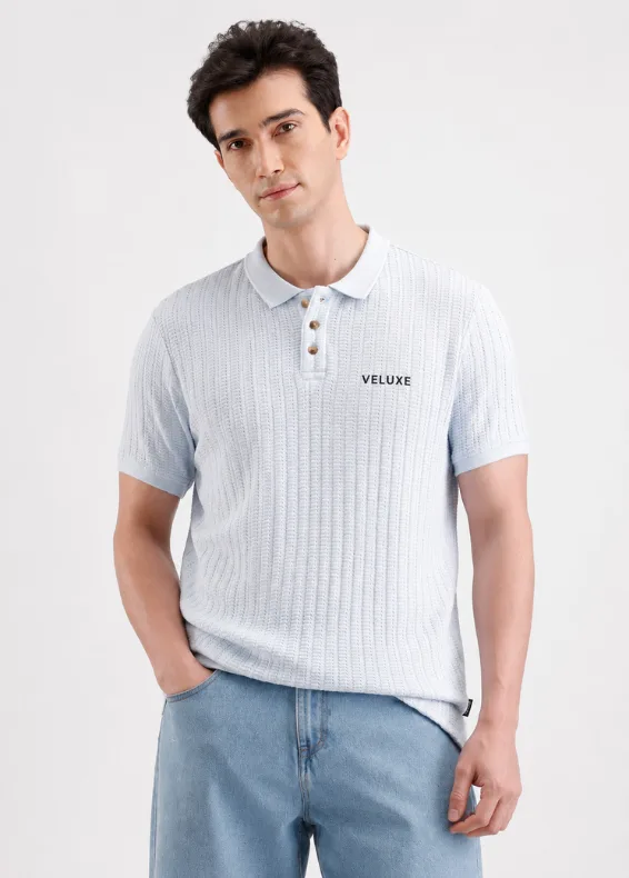 Textured Sky Blue Slim Fit Polo – Men's Cotton Knit Polo
