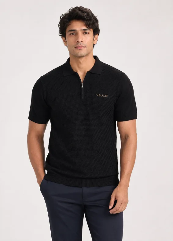Textured Black Zip Cotton Blend Polo Shirt