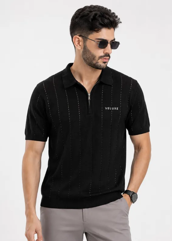 Textured Noir Men's Black Slim Fit Cotton Blend Polo