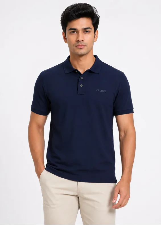Jacquard Texture navy blue Men's Slim Fit Cotton Polo