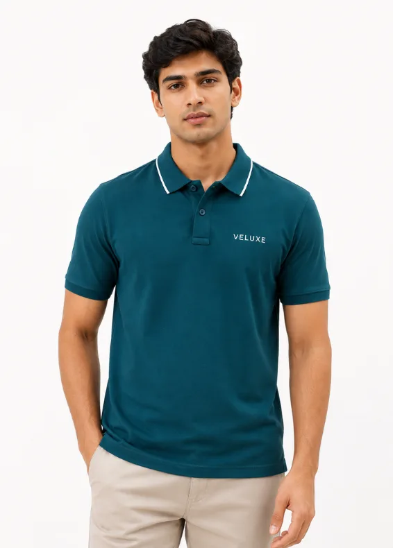 Teal Tipped Collar Polo – Men's Slim Fit Cotton Polo