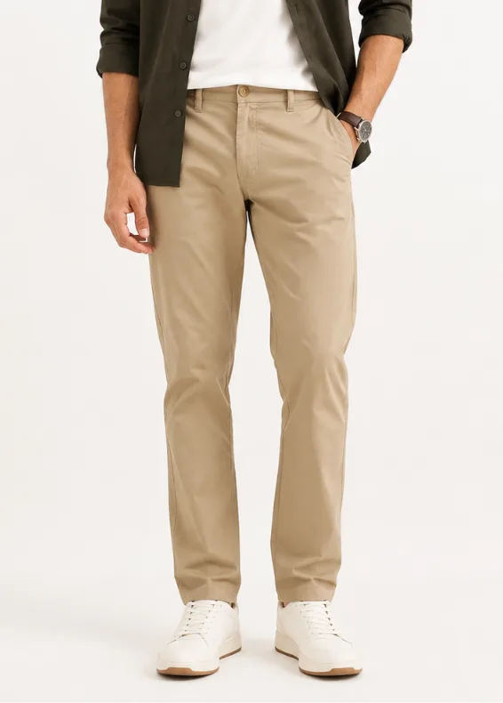 Beige Straight Fit Essential Cotton Blend Trousers