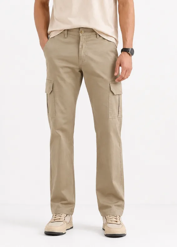 Utility Straight Fit Beige Trousers – Men's Straight Fit Cotton Utility Pants