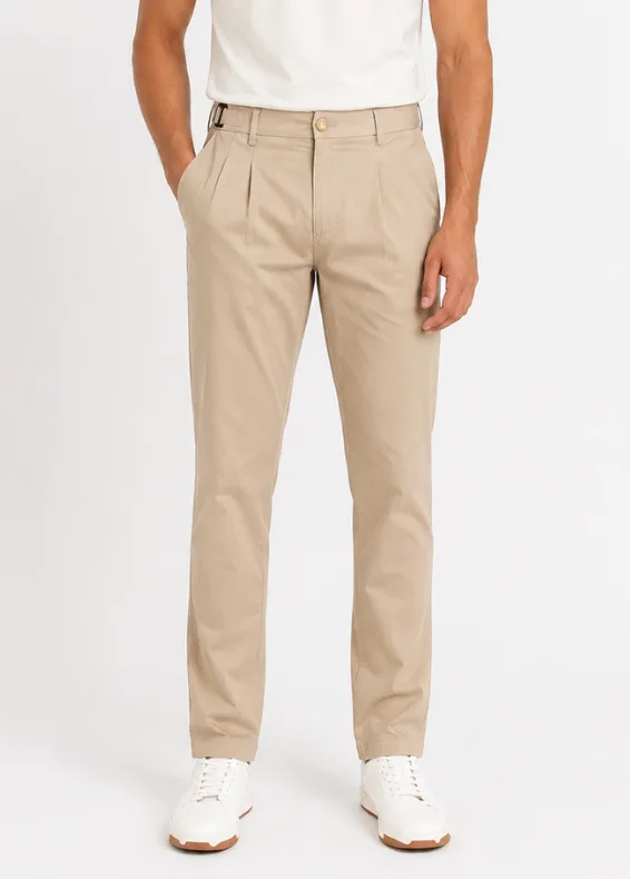 Pleated Precision  – Men's Slim Fit Beige Formal Trousers